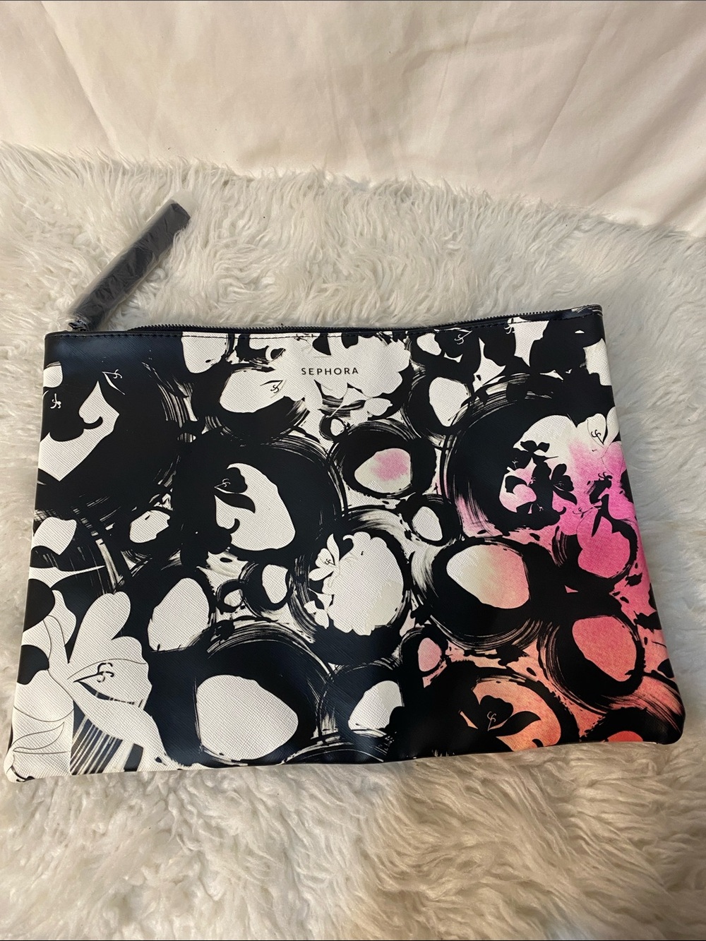 Sephora Black, White & Pink Abstract Floral Cosmetic Pouch New